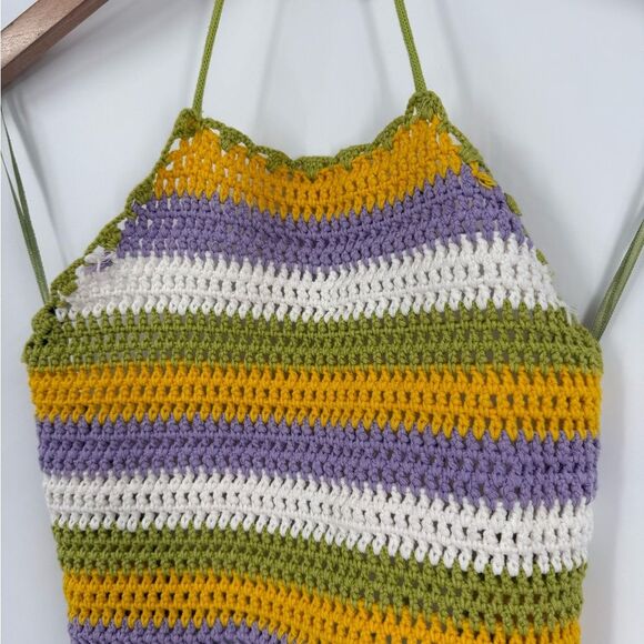 Zara Crochet Knit Halter Tie Back Crop Top in Multi Stripe | Small - Picture 6 of 8